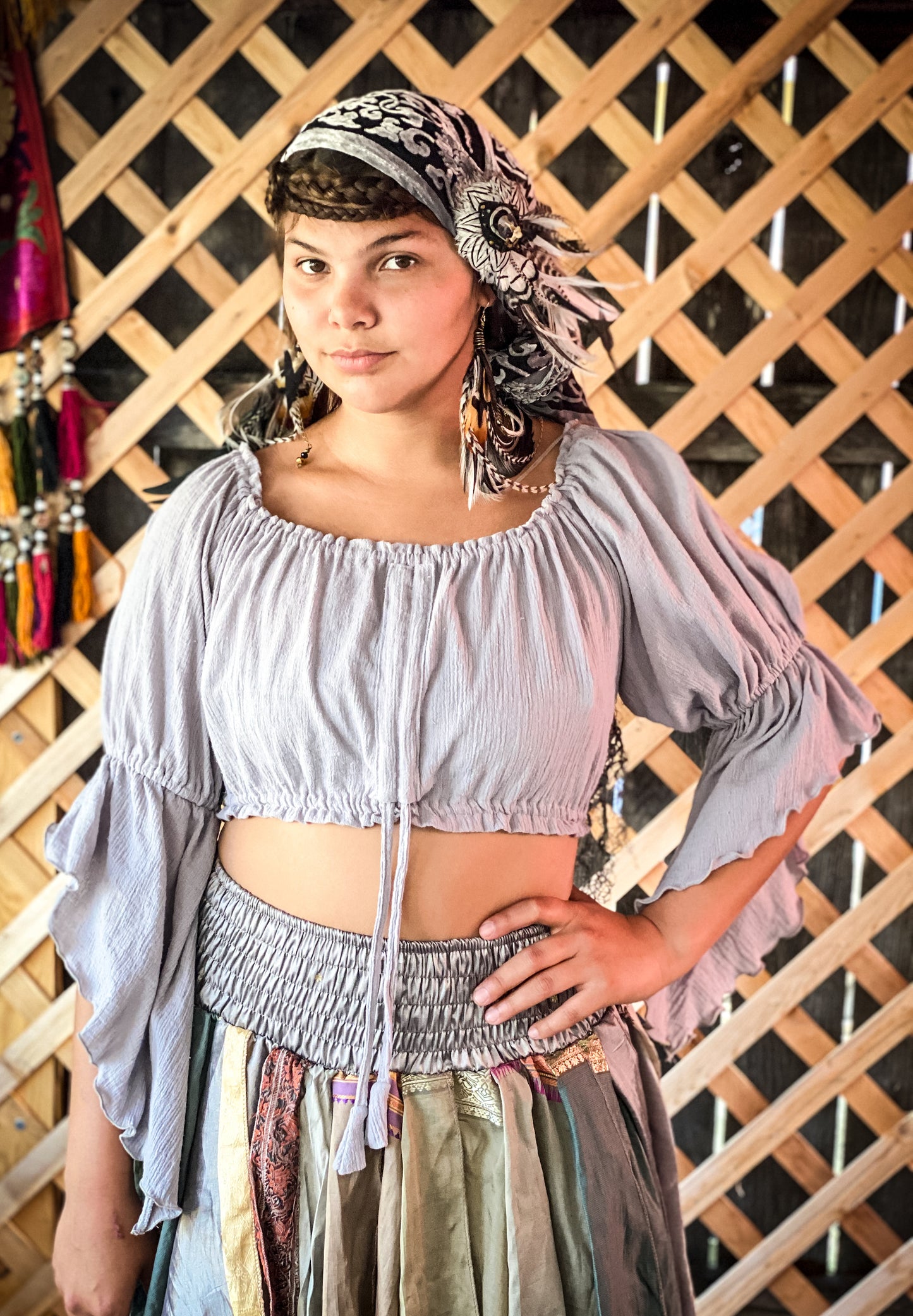 SILVER GAUZE CROP PEASANT TOP