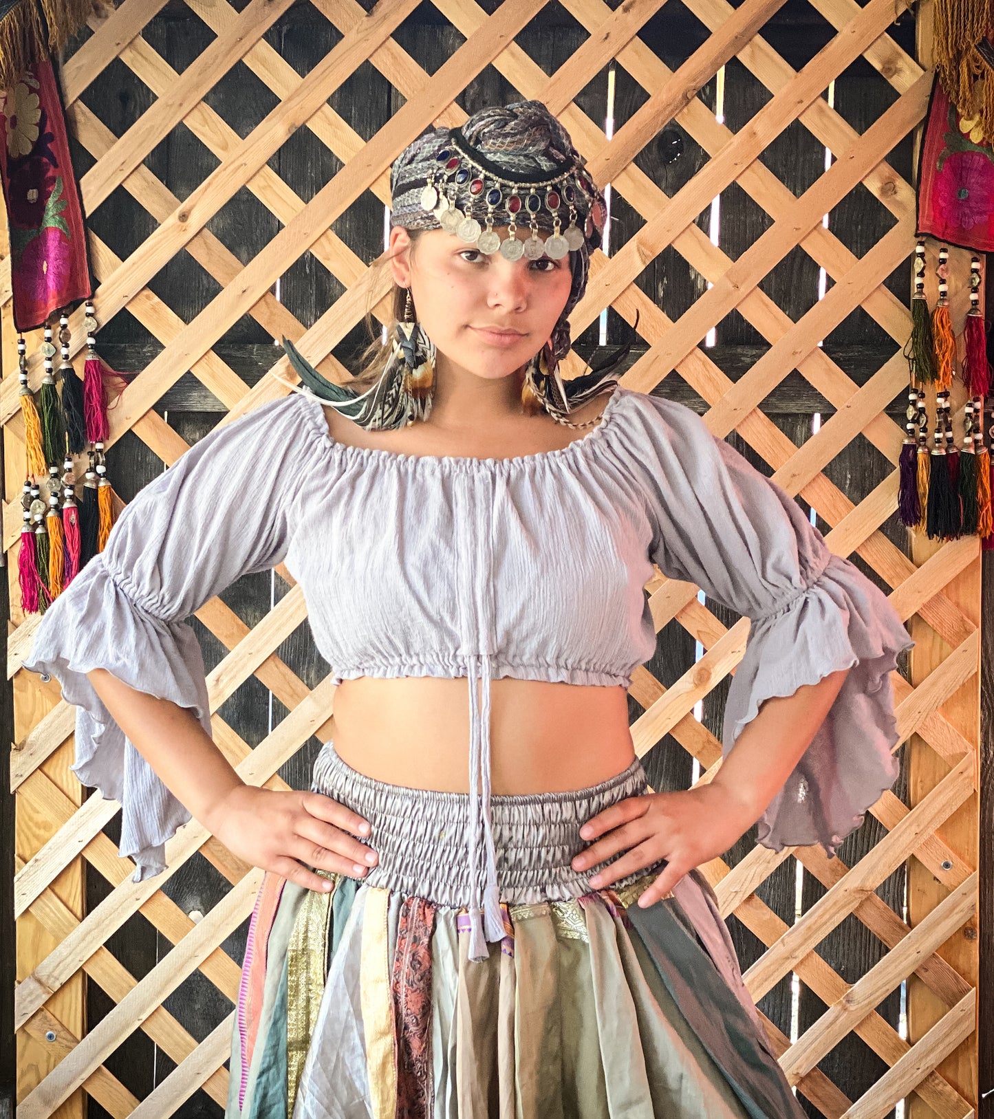 SILVER GAUZE CROP PEASANT TOP