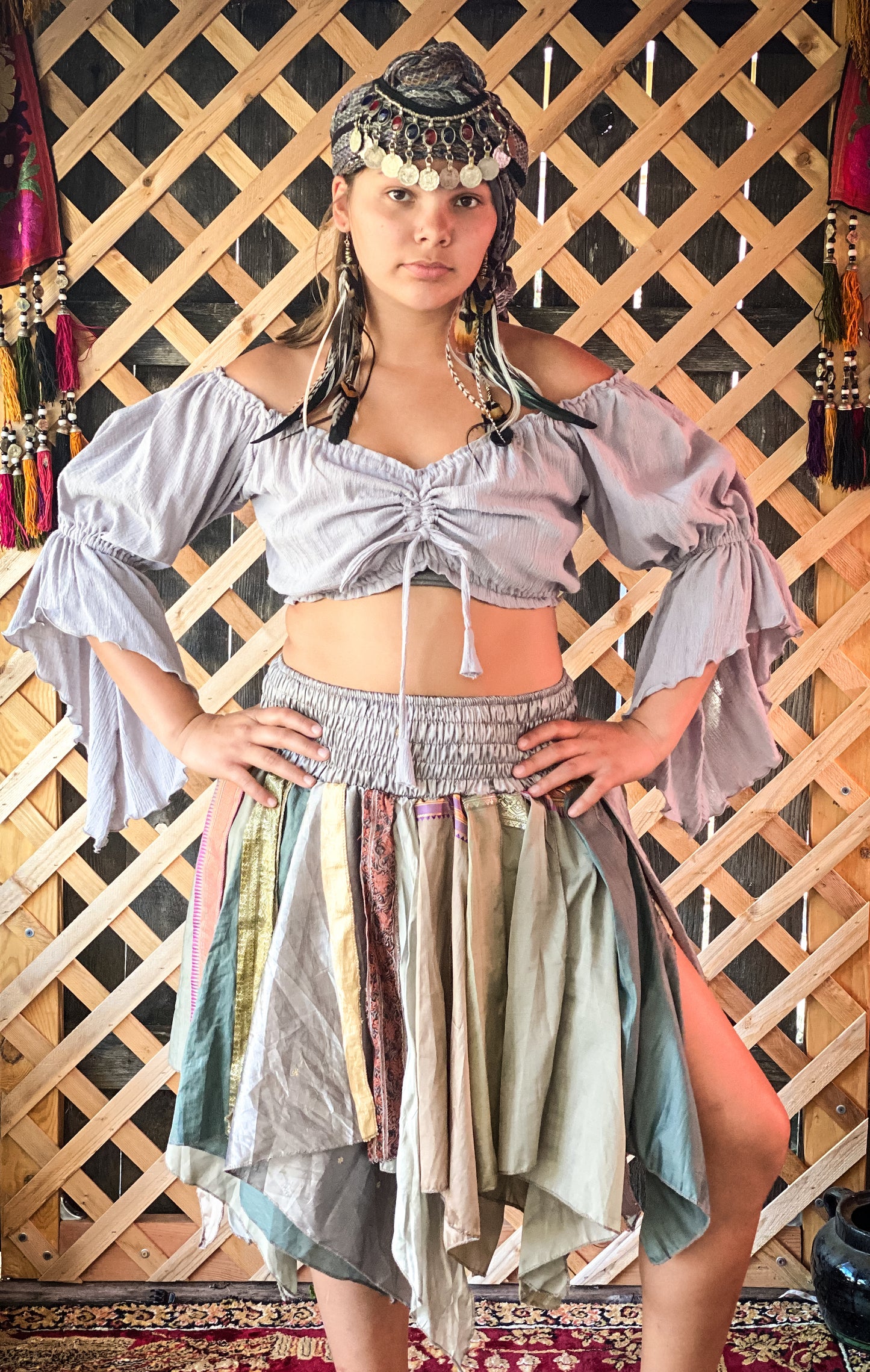 SILVER GAUZE CROP PEASANT TOP