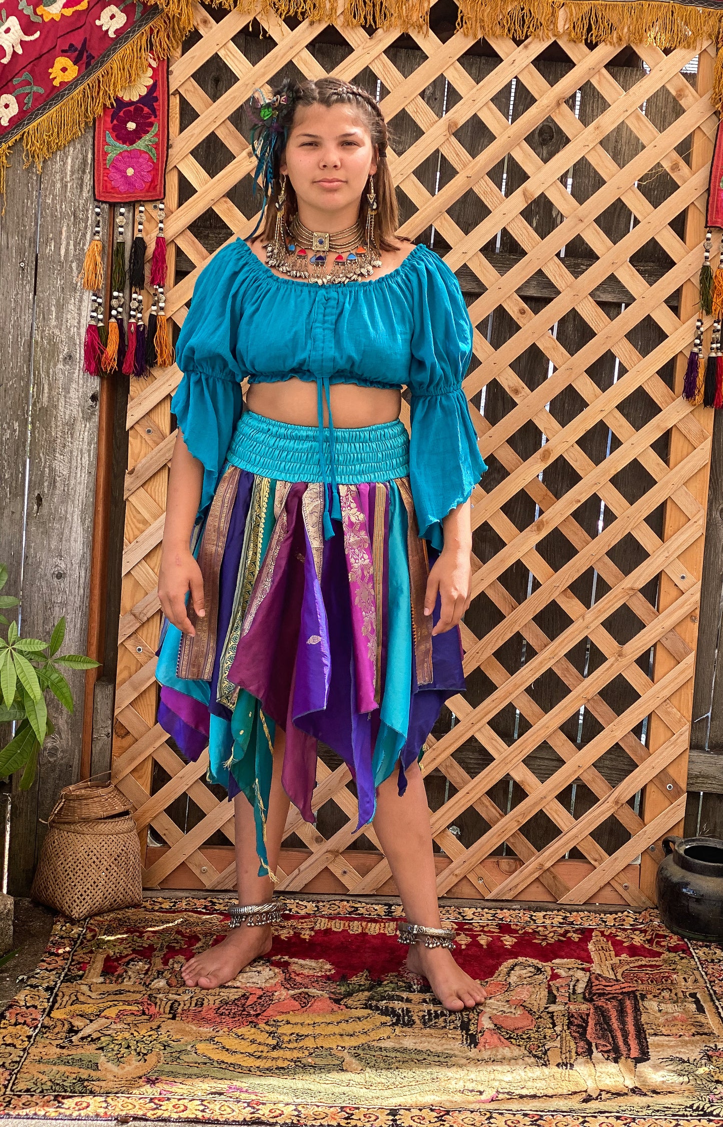 TURQUOISE GAUZE CROP PEASANT TOP