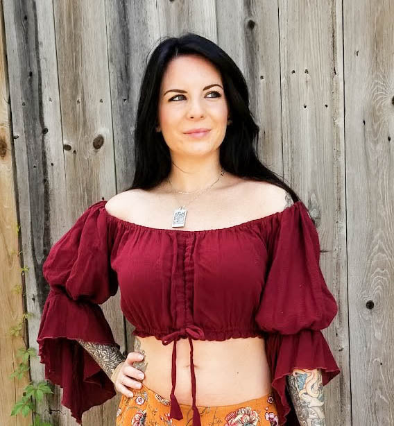 BURGUNDY RED GAUZE CROP PEASANT TOP