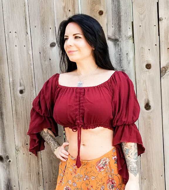 BURGUNDY RED GAUZE CROP PEASANT TOP