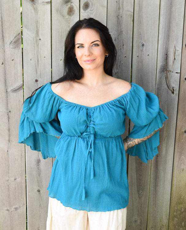 TURQUOISE GAUZE LONG PEASANT TOP