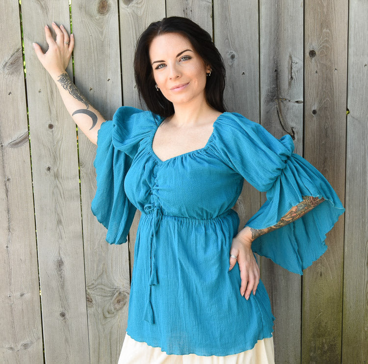 TURQUOISE GAUZE LONG PEASANT TOP