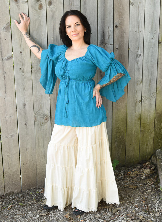 TURQUOISE GAUZE LONG PEASANT TOP
