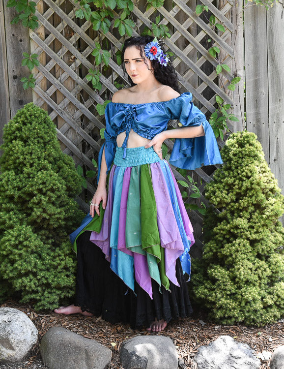 BLUE SATIN CROP PEASANT TOP