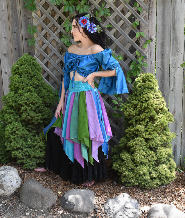 BLUE SATIN CROP PEASANT TOP
