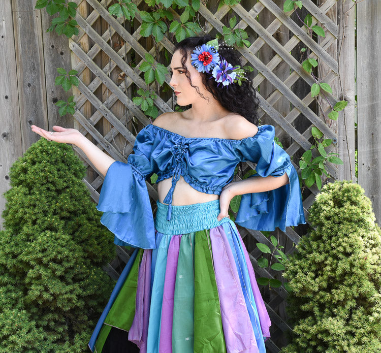 BLUE SATIN CROP PEASANT TOP