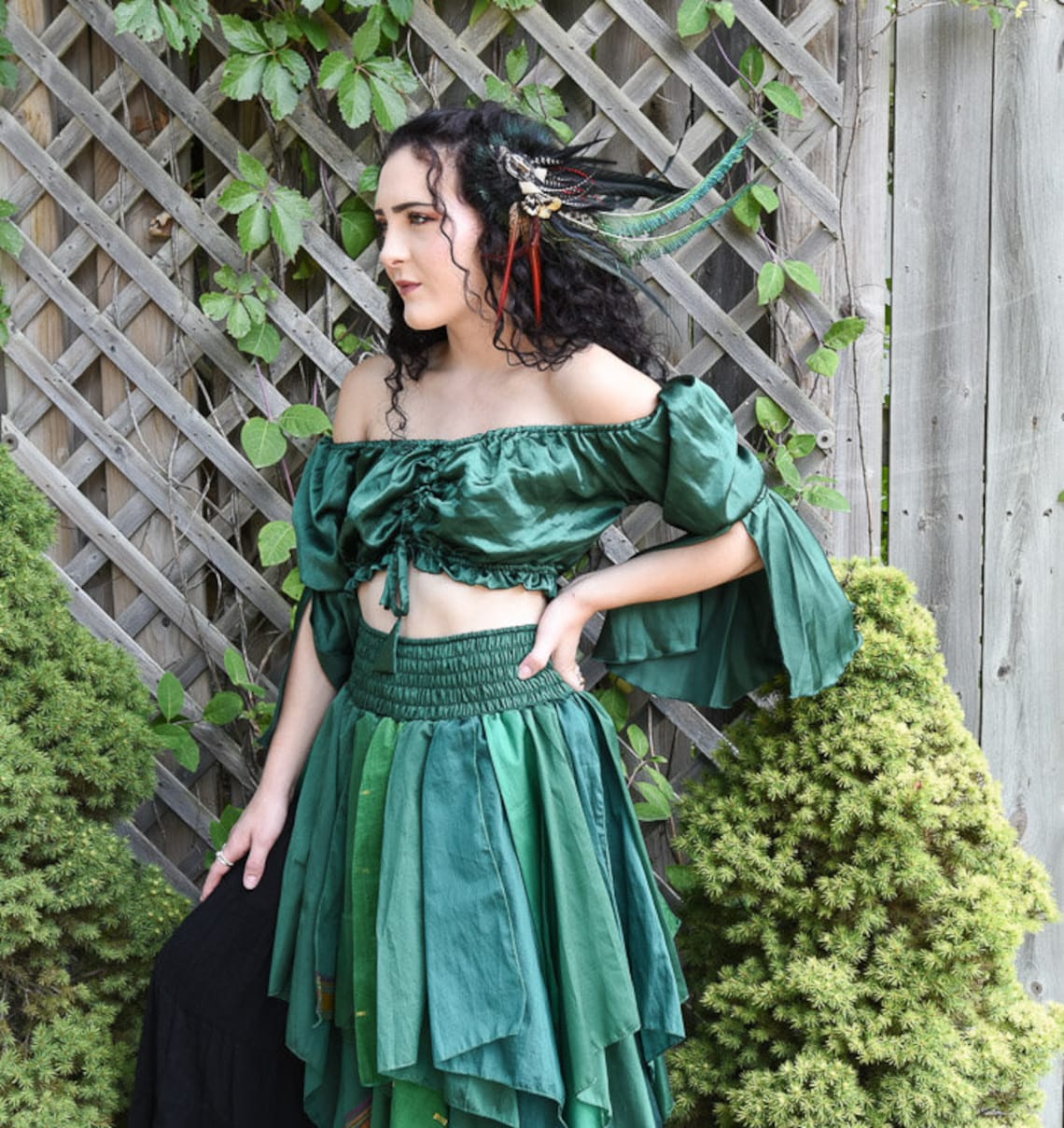 GREEN SATIN CROP PEASANT TOP