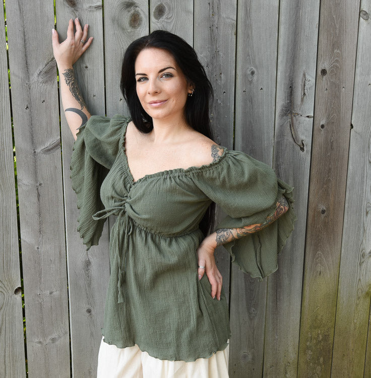 OLIVE GREEN GAUZE LONG PEASANT TOP