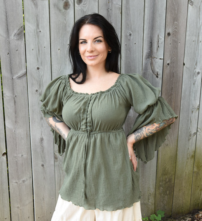 OLIVE GREEN GAUZE LONG PEASANT TOP