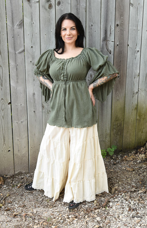 OLIVE GREEN GAUZE LONG PEASANT TOP