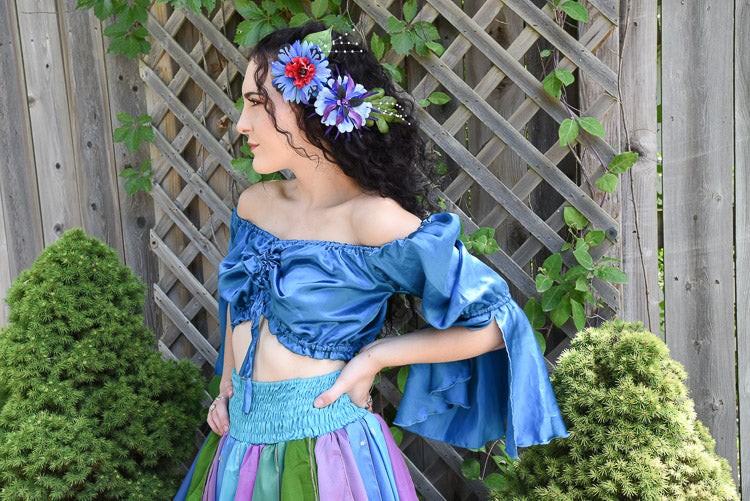 BLUE SATIN CROP PEASANT TOP