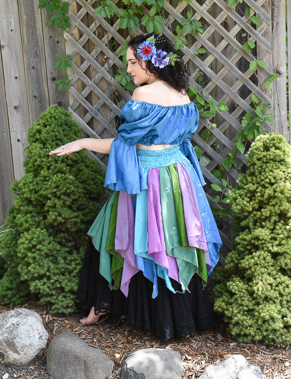 BLUE SATIN CROP PEASANT TOP