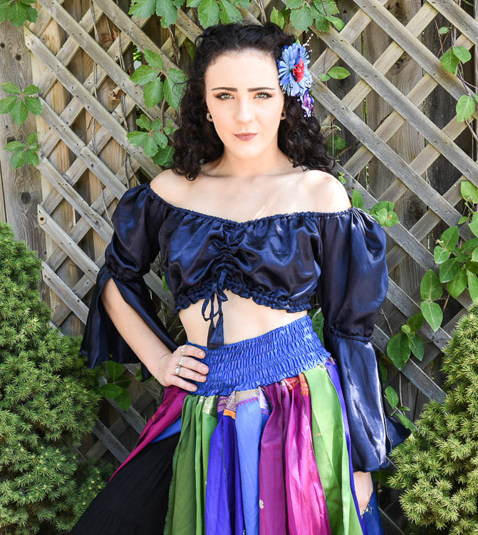 NAVY BLUE SATIN CROP PEASANT TOP Alter Egos Bazaar