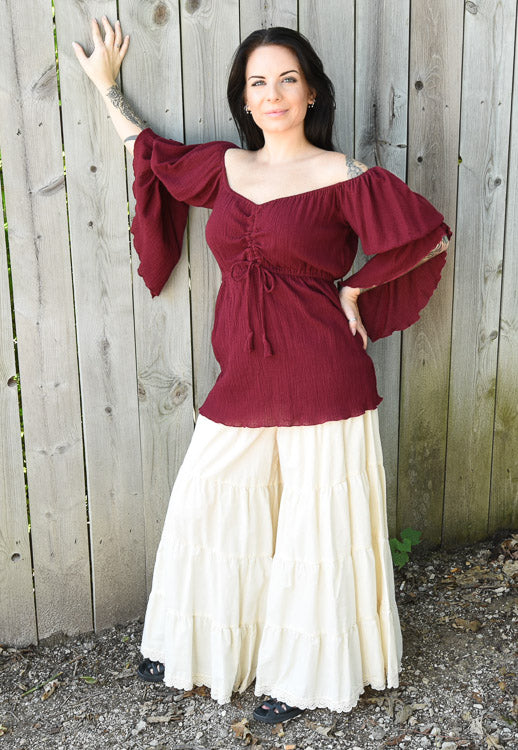 BURGUNDY RED GAUZE LONG PEASANT TOP