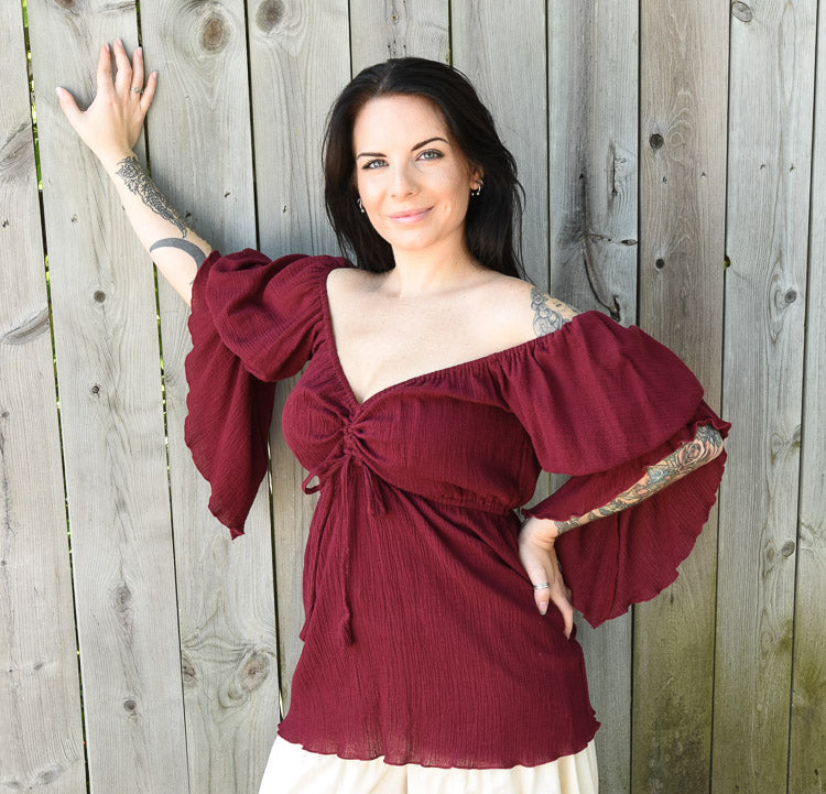 BURGUNDY RED GAUZE LONG PEASANT TOP