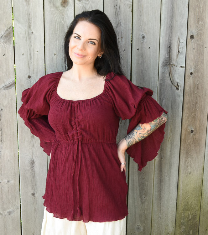 BURGUNDY RED GAUZE LONG PEASANT TOP