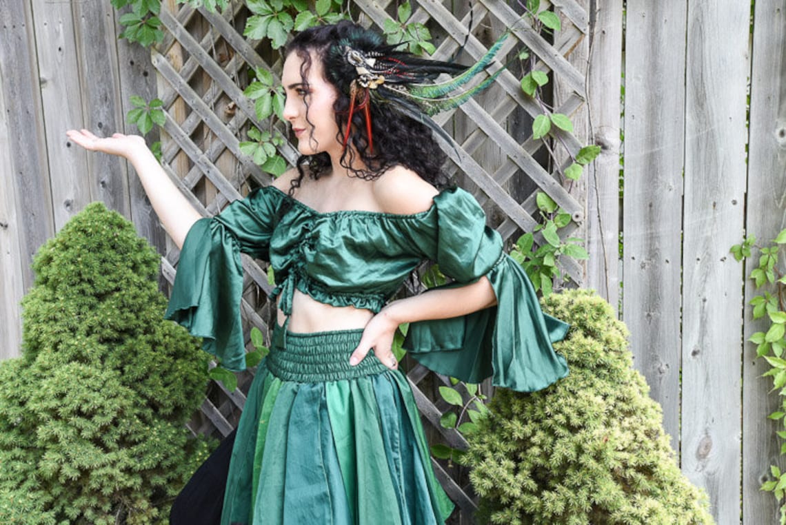 GREEN SATIN CROP PEASANT TOP
