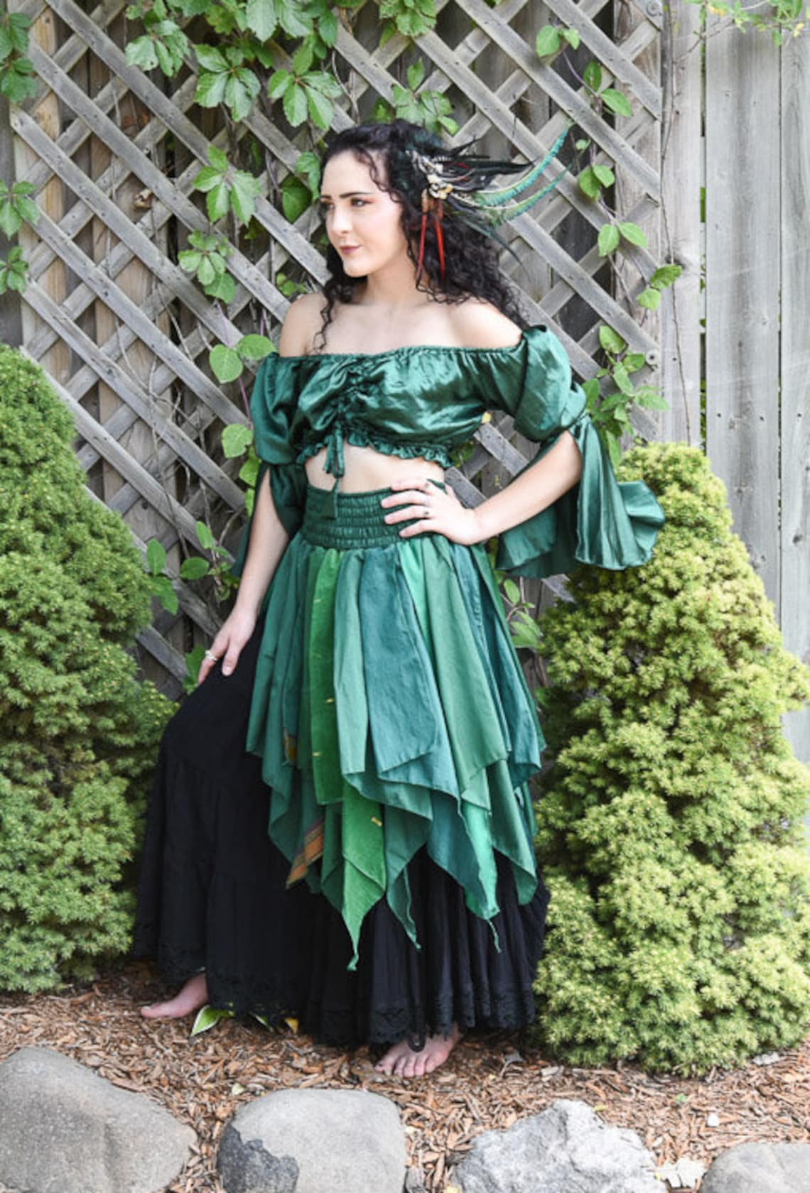 GREEN SATIN CROP PEASANT TOP